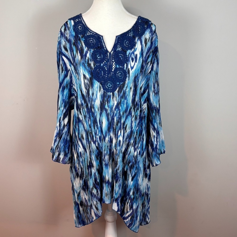 Catherines Womens Blue Stretch Pleated Lace Detail 3/4 Sleeve Tunic Boho Top 3X